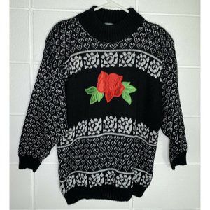 Vintage Adele Sweater Black Rose and Heart Floral Size 20W